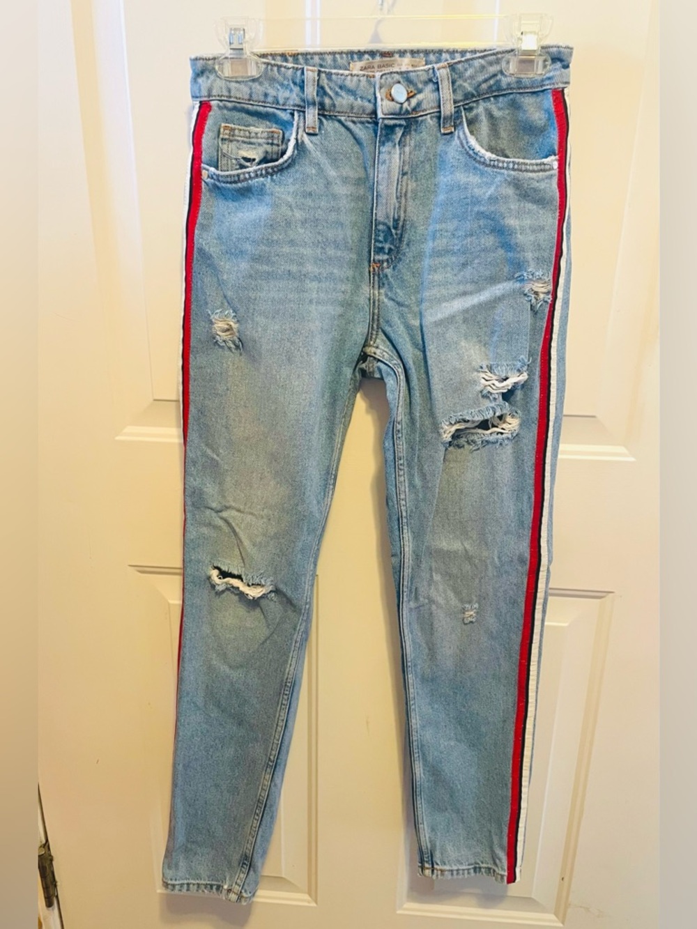 Zara Basic distressed jeans with white, black and red shimmer side stripes
